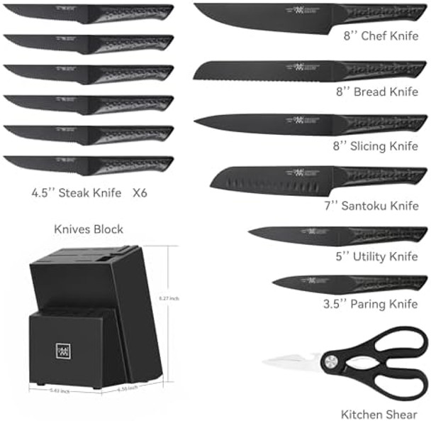 Knife Sets For Kitchen With Block 15 Piece Knife Set With Built-In Sharpener Dishwasher Safe German Stainless Steel Black