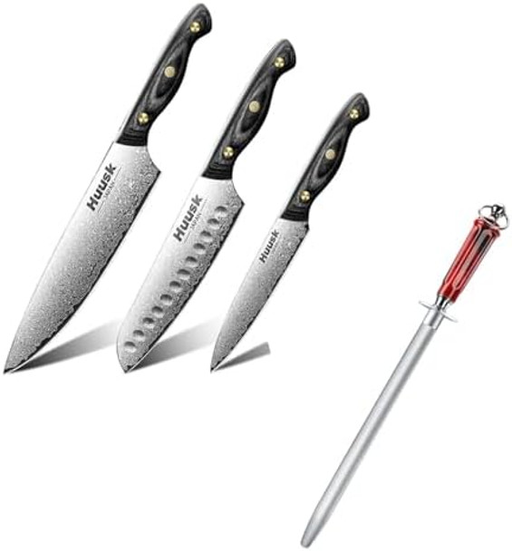 Huusk Damascus Chef Knife Set 3 Pcs & 10" Flast Knife Sharpener Rod