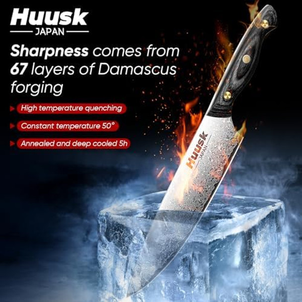 Huusk Damascus Chef Knife Set 3 Pcs & 10" Flast Knife Sharpener Rod