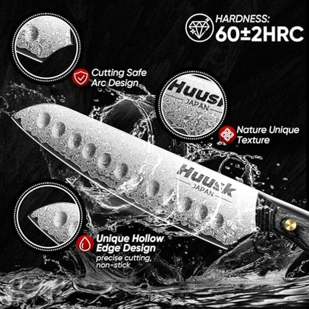 Huusk Damascus Chef Knife Set 3 Pcs & 10" Flast Knife Sharpener Rod