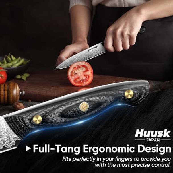 Huusk Damascus Chef Knife Set 3 Pcs & 10" Flast Knife Sharpener Rod