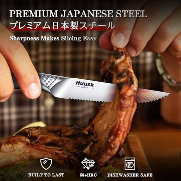 Huusk Serrated Steak Knives Set Of 6 Bundle With A Damascus Chef Knifejapanese Stainless Steel Steak Knives Setsharp Safe Dinner Knife For Kitchen Table With Box