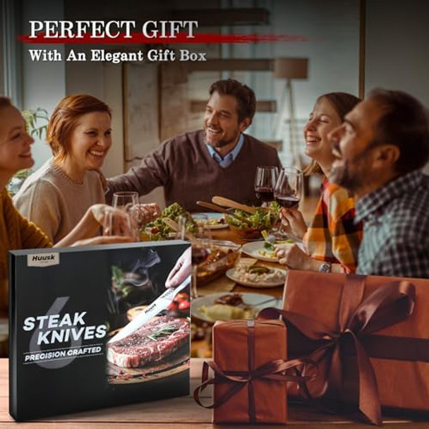 Huusk Serrated Steak Knives Set Of 6 Bundle With A Damascus Chef Knifejapanese Stainless Steel Steak Knives Setsharp Safe Dinner Knife For Kitchen Table With Box