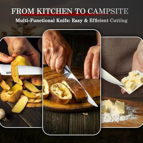 Huusk Serrated Steak Knives Set Of 6 Bundle With A Damascus Chef Knifejapanese Stainless Steel Steak Knives Setsharp Safe Dinner Knife For Kitchen Table With Box