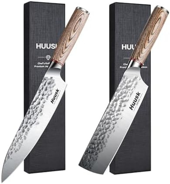 Huusk Japan Knife Japanese Chef Knife With Nakiri Set Hand Forged High Carbon Steel Kitchen Knives For Meat Vegetables - Wood Handle With Box