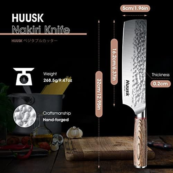 Huusk Japan Knife Japanese Chef Knife With Nakiri Set Hand Forged High Carbon Steel Kitchen Knives For Meat Vegetables - Wood Handle With Box