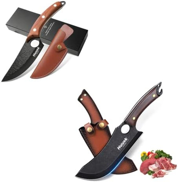 Huusk d Chef Knife Bundle With Black Butcher Knife For Meat Cutting Viking Men Bbq Camping With Sheath