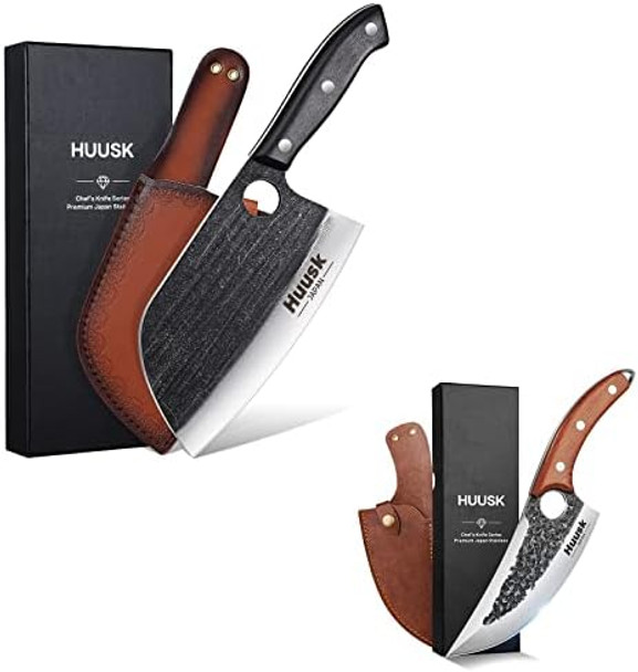 Huusk Japan Knife d Chef Knives Bundle With Serbian Knife And Hand Forged Butcher Knife Sheath Included Outdoor Camping Bbq Ideal Present