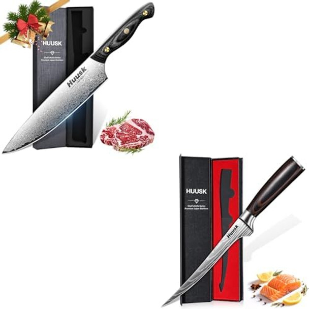 Huusk Filet Knife For Fish - 7 Inch Fish Fillet Knife Bundle With A Damascus Chef Knifeflexible Boning Knives For Meat Cutting Professional Japanese Fishing Knives For Meat Poultry Cutting