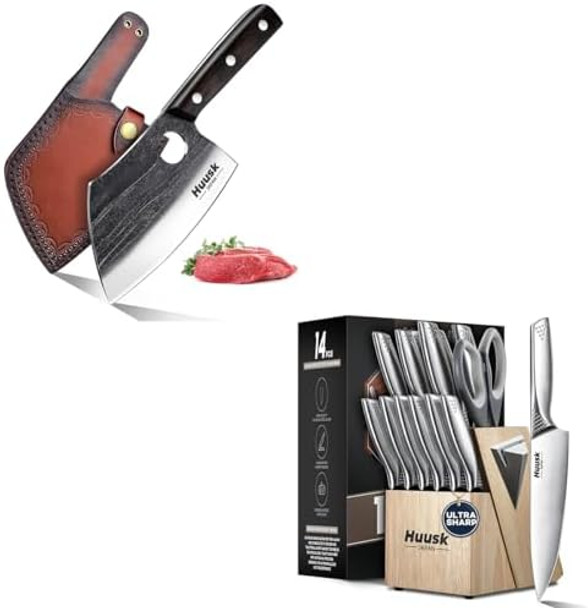Huusk Knife Set With Block And Sharpener Sharp Silver Professional Knives Set With Box For Kitchen Serbian Chef Knife For Dad