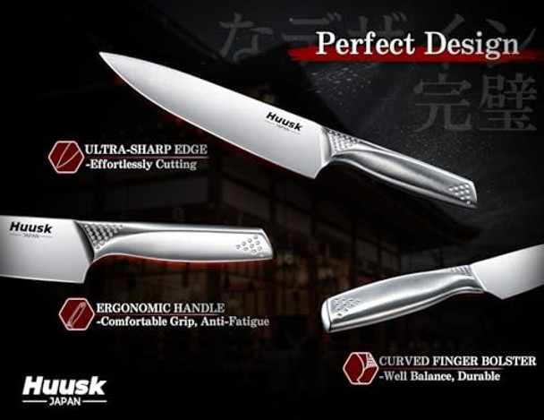 Huusk Knife Set With Block And Sharpener Sharp Silver Professional Knives Set With Box For Kitchen Serbian Chef Knife For Dad