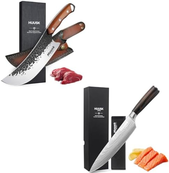 Huusk Chef Knife Bundle With Cool Cooking Knives With Leather Sheath And Box