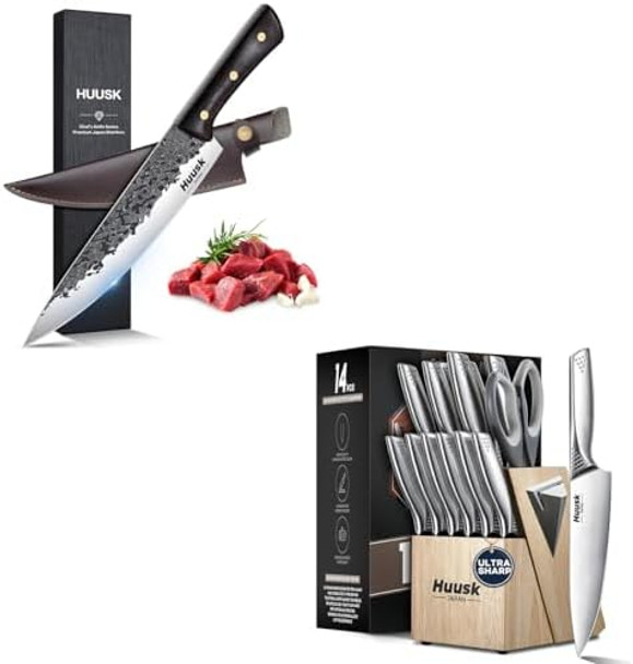 Huusk Knife Set With Block And Sharpener Sharp Silver Professional Knives Set With Box For Kitchen 8-Inch Chef Knife s For Men And Women