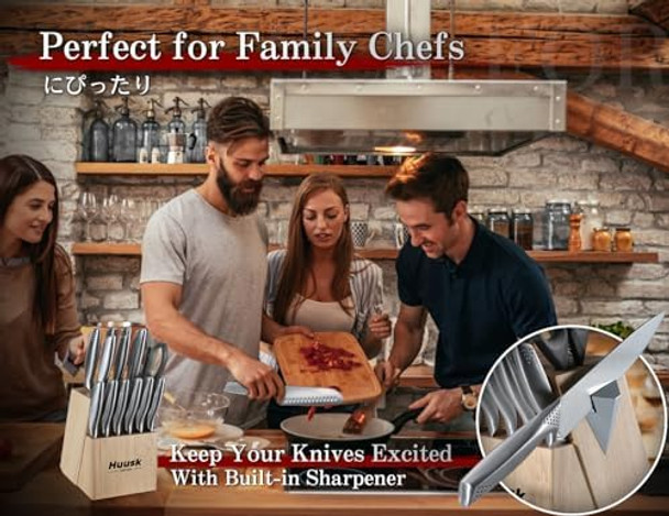 Huusk Knife Set With Block And Sharpener Sharp Silver Professional Knives Set With Box For Kitchen 8-Inch Chef Knife s For Men And Women