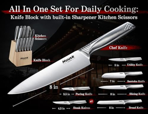 Huusk Knife Set With Block And Sharpener Sharp Silver Professional Knives Set With Box For Kitchen 8-Inch Chef Knife s For Men And Women