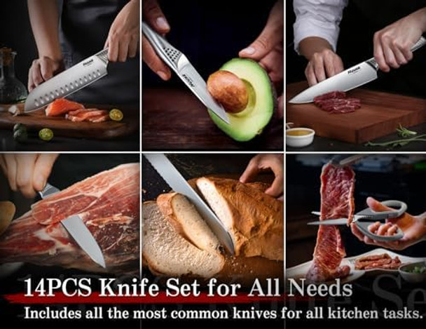 Huusk Knife Set With Block And Sharpener Sharp Silver Professional Knives Set With Box For Kitchen 8-Inch Chef Knife s For Men And Women