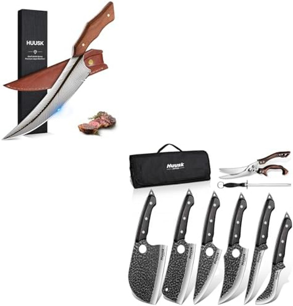 Huusk Serbian Chef Knife Set - 6Pcs Bundle With A Japanese 8.7" Feather Knifeviking Boning Knives With Bag For Kitchen Outdoor Bbq Campingbirthday Idea Men
