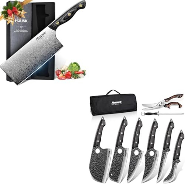 Huusk Serbian Chef Knife Set - 6Pcs Bundle With A Vg10 Butcher Knives For Meat Cuttingkitchen Knives With Wood Handle For Chopper Vegetables Hand Forged Chooping Knives Birthday Dad Mom