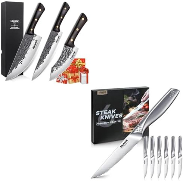 Huusk Serrated Steak Knives Set Of 6 Bundle With A Hand Forged Chef Knife Set-3Pcsjapanese Stainless Steel Steak Knives Setsharp Safe Dinner Knife For Kitchen Table With Box
