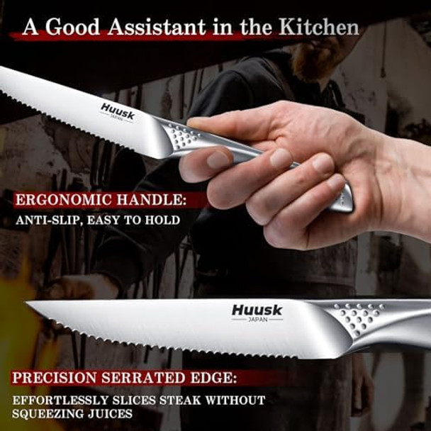 Huusk Serrated Steak Knives Set Of 6 Bundle With A Hand Forged Chef Knife Set-3Pcsjapanese Stainless Steel Steak Knives Setsharp Safe Dinner Knife For Kitchen Table With Box