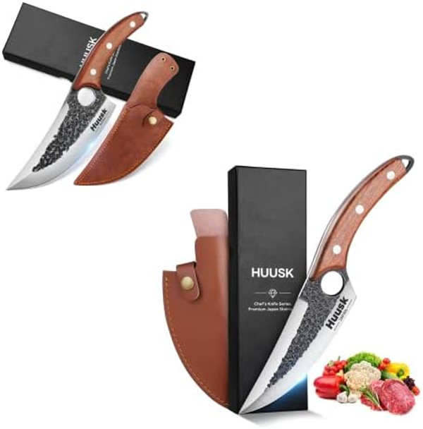 Huusk d 7.09 Inch Chef Knives Bundle With 5.51 Inch Kitchen Camping Cooking Knife With Leather Sheath And Box