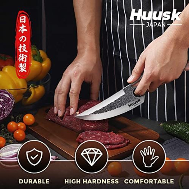 Huusk d Chef Knives Brown Bundle With Black Outdoor Camping Cooking Knife With Leather Sheath And Box