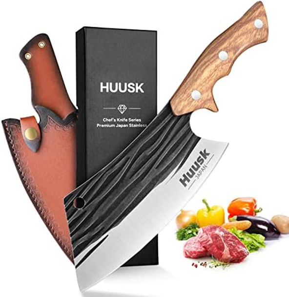 Huusk d Serbian Chef Knife-Japanese Meat Cleaver Knife For Meat Cutting Forged Butcher Knives With Sheath Full Tang Kitchen Chopping Knives For Home Outdoor Cooking Camping