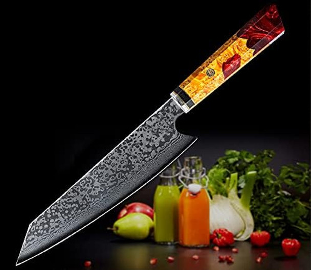 Damascus Steel Kitchen Knife 8 Inch Japanese Chef Kitchen Knife Stabilized Wood Resin Cured Wood Octagonal Handle