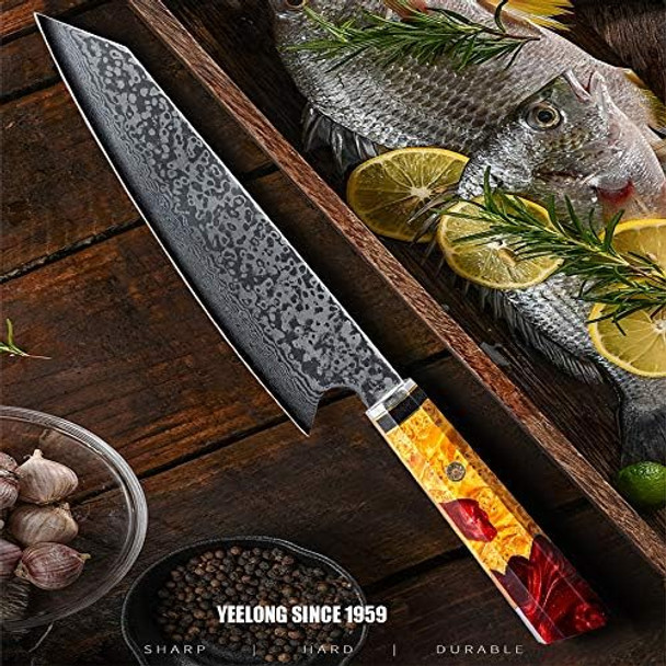 Damascus Steel Kitchen Knife 8 Inch Japanese Chef Kitchen Knife Stabilized Wood Resin Cured Wood Octagonal Handle