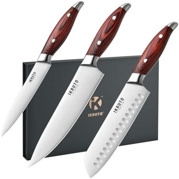 3-Piece Kitchen Knife Set – Includes Ultra-Sharp Chef Knife High Carbon Stainless Steel Blades With Ergonomic Pakkawood Handles Professional Knives Set For Kitchen Elegant Box