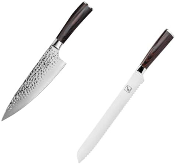 Imarku 10-Inch Serrated Edge Bread Knife Cake Knife And 8 Inch Damascus Chef Knife Ergonomic Handle Imarku 10-Inch Serrated Edge Bread Knife Cake Knife And 8 Inch Damascus Chef Knife Ergonomic Handle