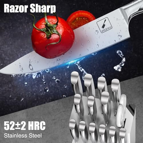 Imarku Knife Set Japanese Hc Stainless Steel 15 Pcs Kitchen Knife Set With Block With Built-In Sharpener Razor-Sharp Blade Knife Block Set With Dotted Ergomomic Handle Best Birthday s White