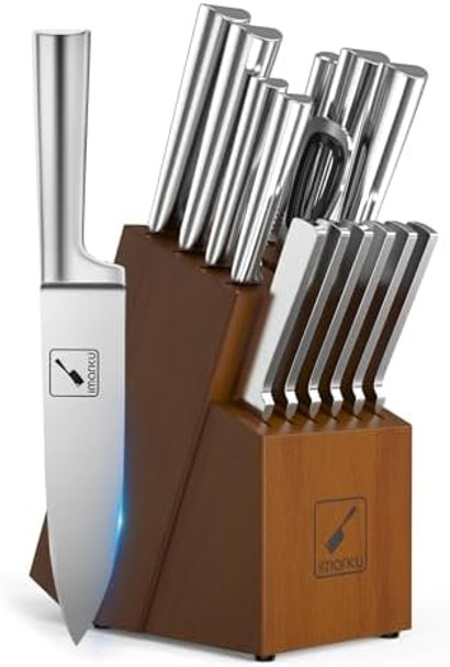 Knife Set - Imarku Kitchen Knife Set 15 Piece Japanese Stainless Steel Knife Block Set With Sharpener - Dishwasher Safe Kitchen Knives - Ultra Sharp Chef Knife Set For Kitchen Silver