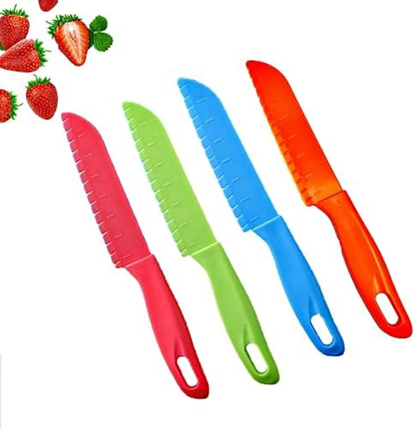 Jawbush 8.7" Plastic Kids Knives Set Nylon Knives For Kids With Multicolors And Serrated Edges For Cutting Fruits Lettuce Bread Veggies Easy To Grip Bpa Toddler Safe Kitchen Knife 4 Pack