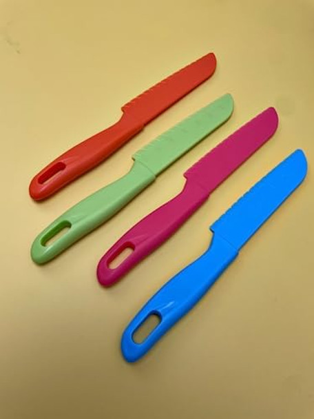 Jawbush 8.7" Plastic Kids Knives Set Nylon Knives For Kids With Multicolors And Serrated Edges For Cutting Fruits Lettuce Bread Veggies Easy To Grip Bpa Toddler Safe Kitchen Knife 4 Pack