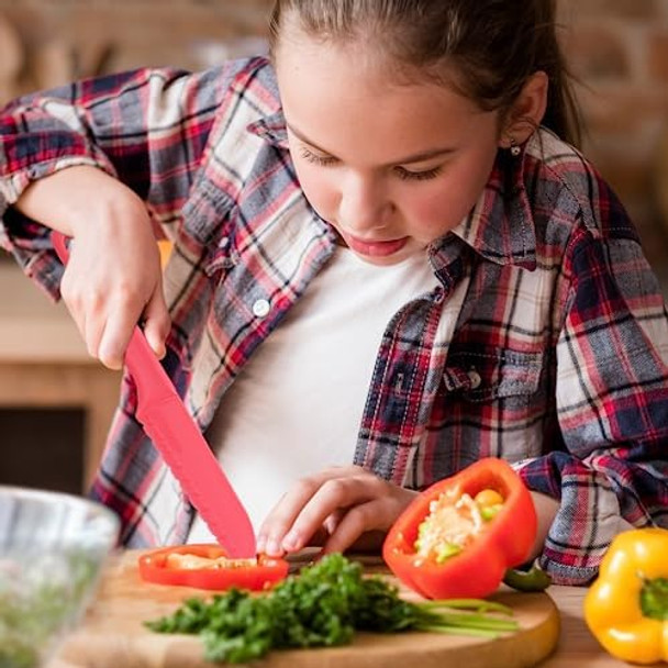 Jawbush 8.7" Plastic Kids Knives Set Nylon Knives For Kids With Multicolors And Serrated Edges For Cutting Fruits Lettuce Bread Veggies Easy To Grip Bpa Toddler Safe Kitchen Knife 4 Pack