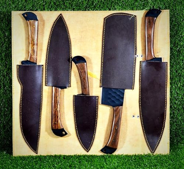 Hand Forged Chef Knife Set With Leather Roll Kit - Slicing And Peeling Butcher Knife Christmas - 5Pcscs171