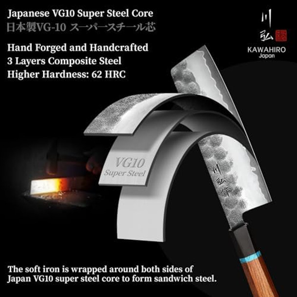Kawahiro Japanese Nakiri Knife 7 Inch Handcrafted Vg10 High Carbon Stainless Steel Vegetable Chef Knife Professional Sharp Kitchen Knives With Ergonomic Ruby Wood Handle And Wood Box