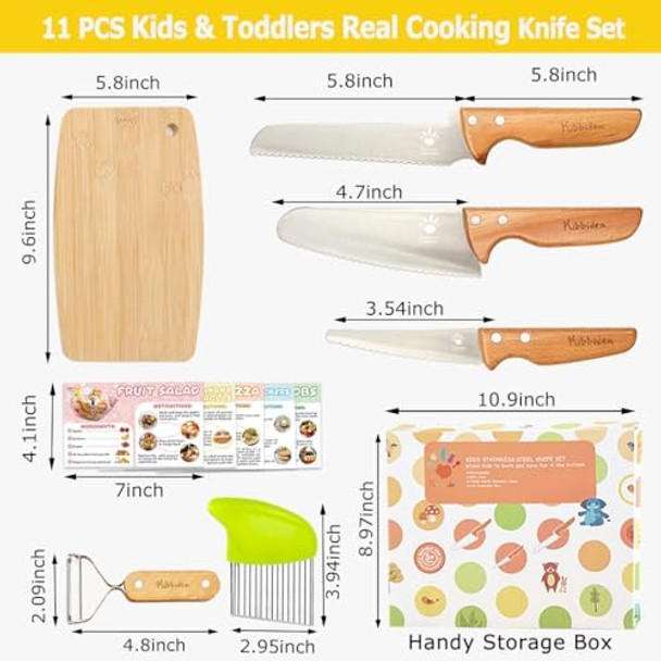 Kids Safe Knife Set For Real Cooking 11-Piece Bpa- Kids Cutting Board And Knife Set，Firm Grip Serrated Children Kitchen Chef Knife Set Starter Knife