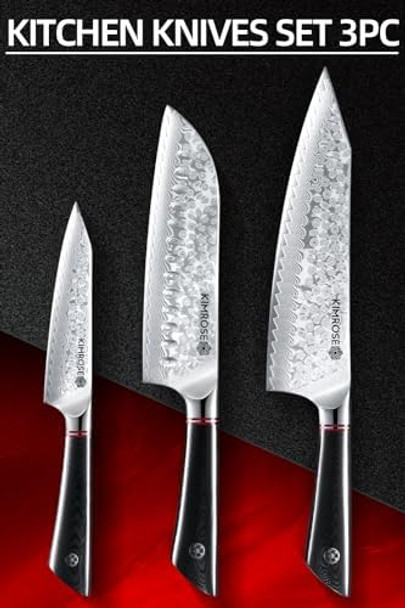 Damascus Knife Set - 3Pcs - High-Carbon 10Cr15Comov Alloy Steel - Professional Chef Knife - G10 Handle - Razor Sharp Kitchen Knives - Magnetic Sheath - Box