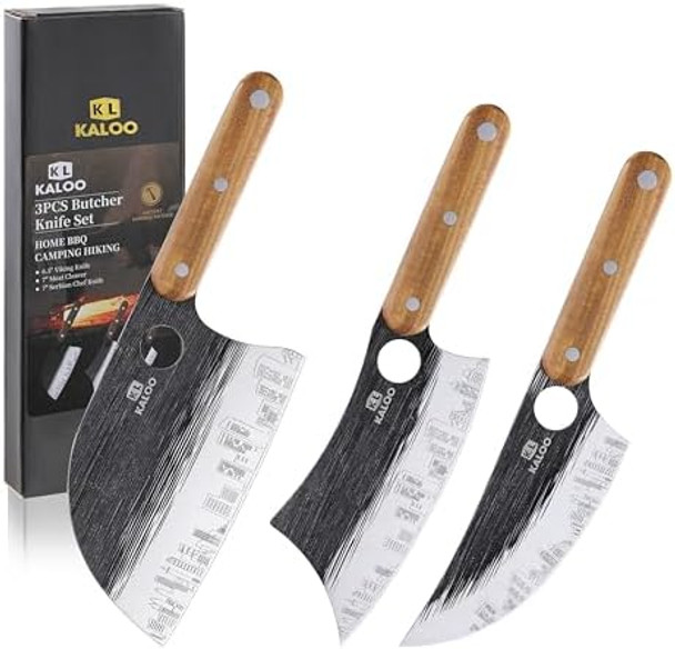 3 Pcs Butcher Knife Set Kaloo 7" Butcher Meat Cleaver 7" Serbian Chef Knife And 6.5" Viking Knife Hand Forged Butcher Knives With Wood Handle For Home Outdoor Cooking Camping Bbq