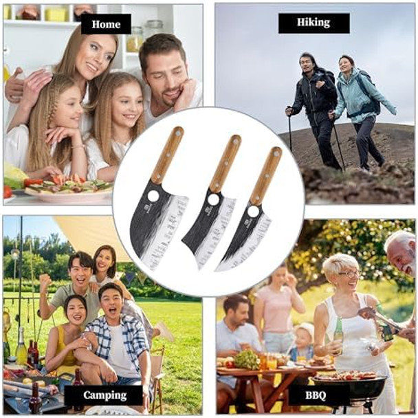 3 Pcs Butcher Knife Set Kaloo 7" Butcher Meat Cleaver 7" Serbian Chef Knife And 6.5" Viking Knife Hand Forged Butcher Knives With Wood Handle For Home Outdoor Cooking Camping Bbq