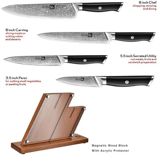 5 Piece Damascus Knife Block Set 67-Layer High Carbon Damascus Steel Ultra-Sharp Kitchen Knife Set With Magnetic Wooden Block 5 Piece Damascus Knife Block Set 67-Layer High Carbon Damascus Steel Ultra-Sharp Kitchen Knife Set With Magnetic Wooden Block