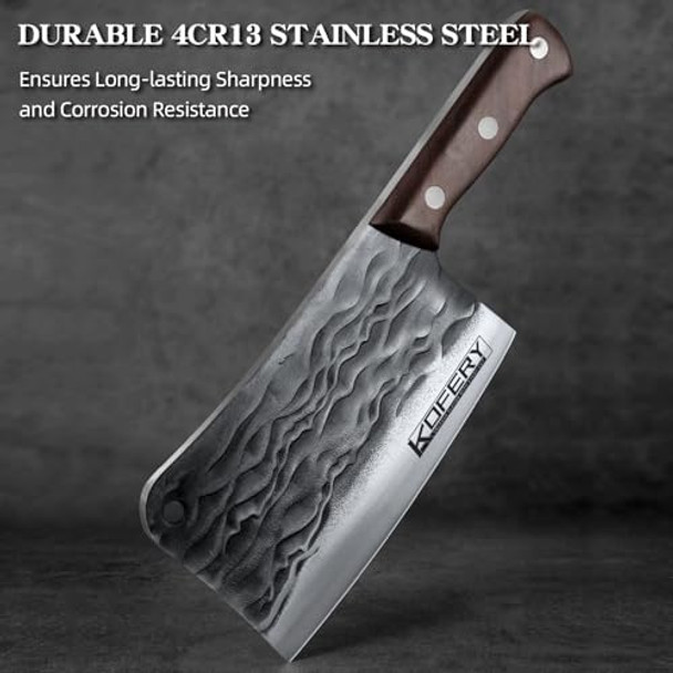 Kofery 7.3-Inch Hand Forged Heavy Duty Meat Cleaver - High Carbon Stainless Steel Butcher Knife With Wooden Handle For Precision Meat Cutting And Chopping