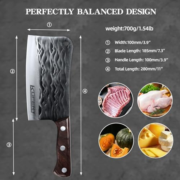 Kofery 7.3-Inch Hand Forged Heavy Duty Meat Cleaver - High Carbon Stainless Steel Butcher Knife With Wooden Handle For Precision Meat Cutting And Chopping