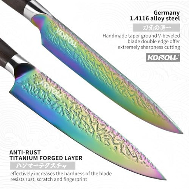 Konoll Kitchen Knife Set 8-Inch Chef Knife 5-Inch Utility Knife German Alloy Steel 1.4116 Forged Handmade Carbon Steel Titanium Plated Forged In Fire Razor Sharp For Chefs