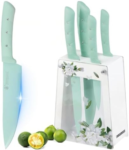 Kosha 6 Pcs Stainless Steel Knife Set With Block - Kitchen Knives Set For Cutting Slicing Dicing (Pink/Green) Ergonomic Handle Floral Acrylic Knife Block Non-Stick Coated Present For Women