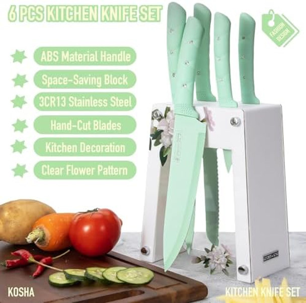 Kosha 6 Pcs Stainless Steel Knife Set With Block - Kitchen Knives Set For Cutting Slicing Dicing (Pink/Green) Ergonomic Handle Floral Acrylic Knife Block Non-Stick Coated Present For Women