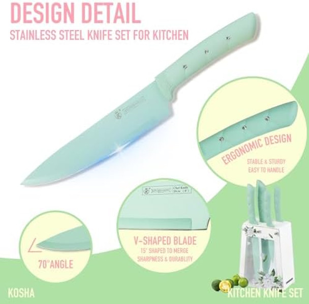 Kosha 6 Pcs Stainless Steel Knife Set With Block - Kitchen Knives Set For Cutting Slicing Dicing (Pink/Green) Ergonomic Handle Floral Acrylic Knife Block Non-Stick Coated Present For Women