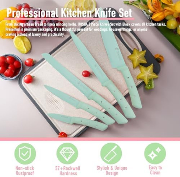 Kosha 6 Pcs Stainless Steel Knife Set With Block - Kitchen Knives Set For Cutting Slicing Dicing (Pink/Green) Ergonomic Handle Floral Acrylic Knife Block Non-Stick Coated Present For Women